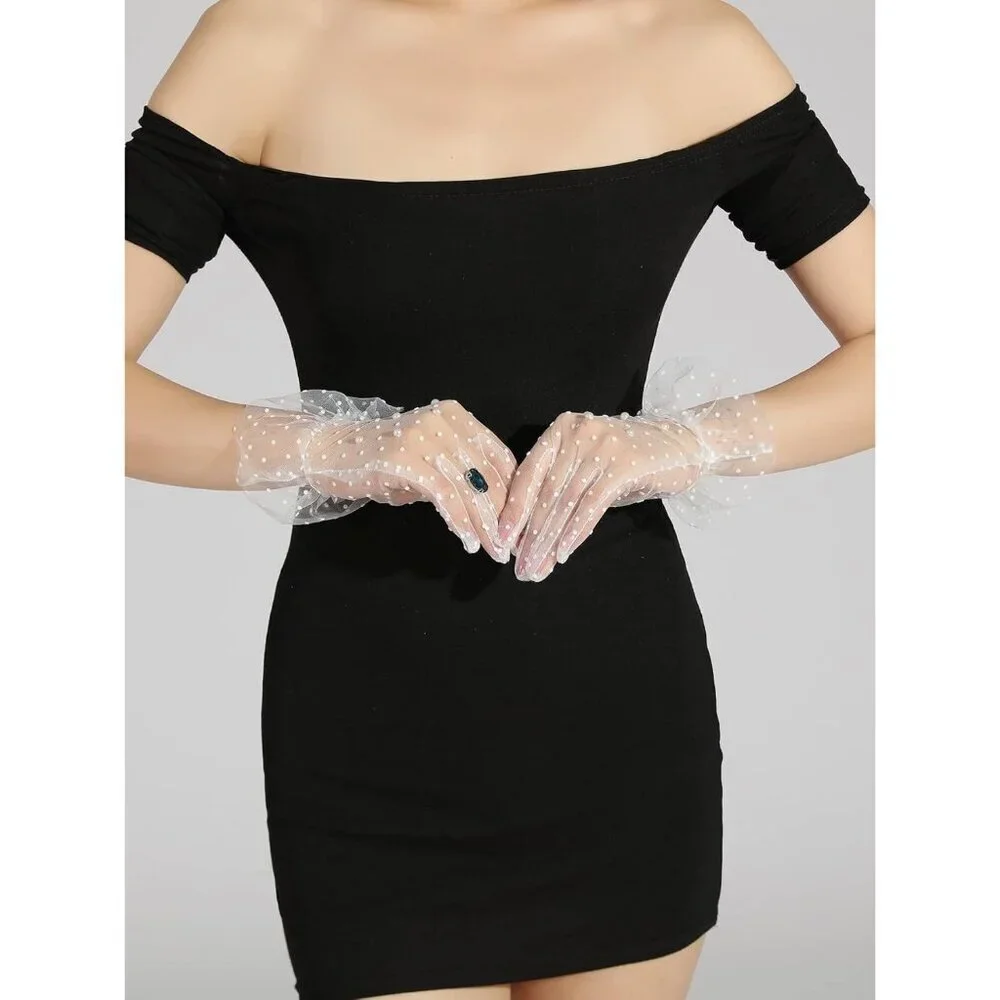 Women's Ruffle Polka Dots Pearls Mesh Sheer Trim Bridal Party Tea Gloves Design